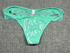 VINTAGE VICTORIAS SECRET PINK COTTON LACE BACK THONG PANTY TEAL M NEW - Picture 1 of 5