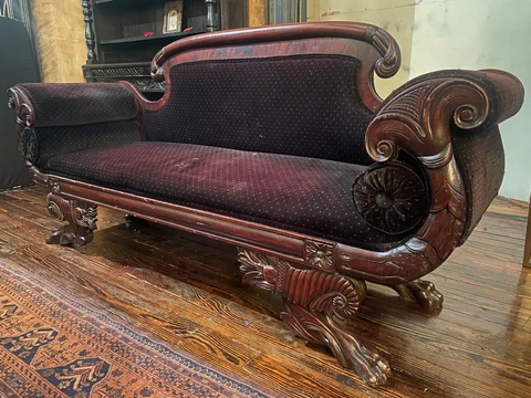 1830's New York Empire sofa - solid mahogany - excellent carving - Brown Velvet Cover