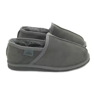Klassische graue Herren Premium Echtleder Schaffell Hausschuhe Box & Geschenktasche N - Bild 1 von 6