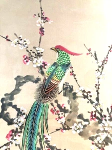 Antique Painted Silk Asian Bird Painting From Vietnam Handpainted & Custom Frame - Picture 1 of 15
