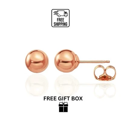 Solid 14k Rose Gold Ball Stud Earrings Butterfly Push Back Gift Studs Earrings - Image 1 of 4