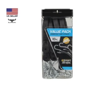 10 Pack Black Rubber Bungee Tarp Strap Steel S-Hook (15", 21", 31" Assortment) - Image 1 of 4