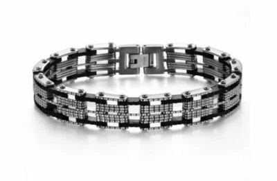 Mens Stainless Steel Black Silicon Motorcycle Biker Link Chain Bracelet #BR65 - Image 1 of 4