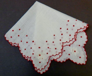 Vintage Embroidery Hanky Red & White Delicate Dots & Flowers Scallops, Valentine - Picture 1 of 7