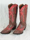 COWBOY PRO Ladies Western Boots Pink Red & Brown W/ Silver Pins Size 8.5 NWOT