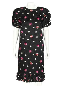 Vtg I. MAGNIN Black Pink Floral Polka Dot Ruffle Puff Sleeve Silk Dress sz 6 853 - Picture 1 of 8