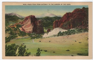 Pikes Peak vom Gateway Garden of Gods CO Colorado Leinen Postkarte verschickt 1940er - Bild 1 von 12