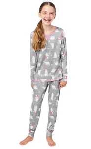 Justice Girls Pajamas Gray 2 Piece Set Top Pants Polar Bear Graphics Size 7/8 - Picture 1 of 12