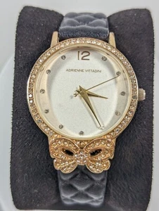 Adrienne Vittadini Gold Tone Round Crystal Accent Case Bow Black Band Watch - Picture 1 of 10