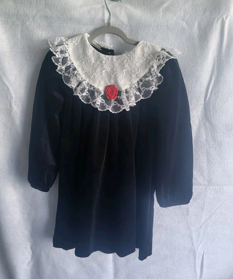 vintage rare editions black velvet dress 6x lace collar red rose - Image 1 of 4