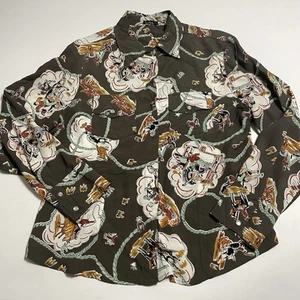 Camisa Top Loco Lindo Mujer L Gris Vaca Niña Patrón Azteca LS Perla Botón De Colección - Imagen 1 de 10