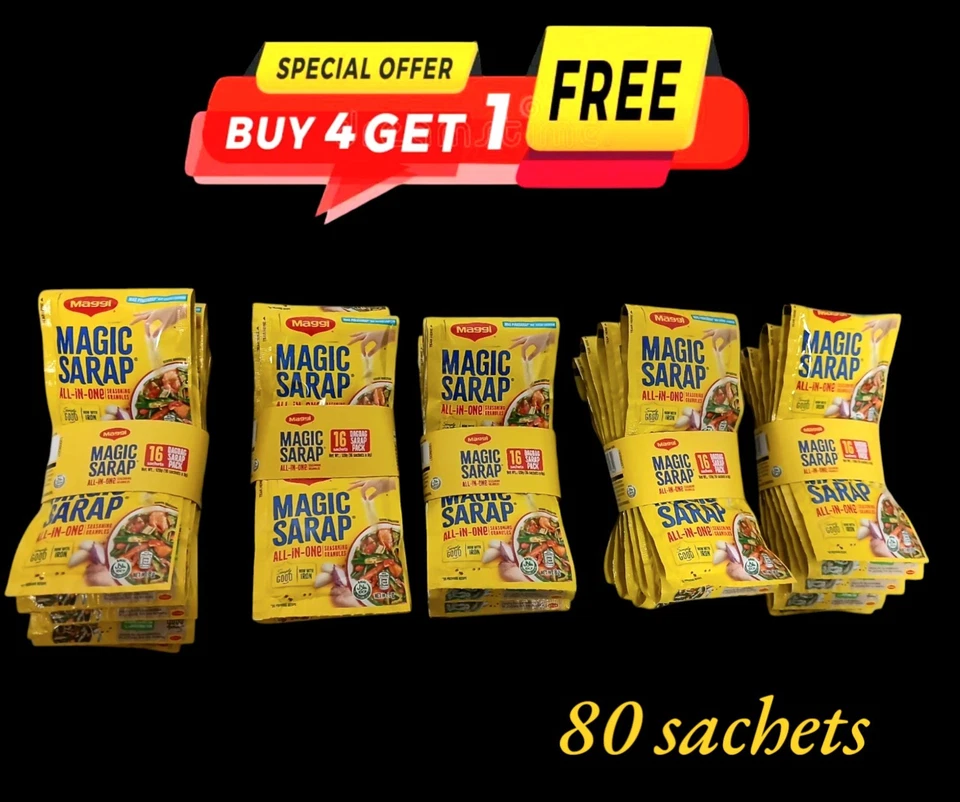 4 PAQUETES + 1 GRATIS Maggi Magic Sarap todo en uno gránulos de condimento 8 g X 80 bolsas  Foto 1 de 1