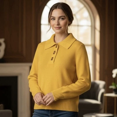 Винтажный Lauren Ralph Lauren воротник вязаный свитер золото поворот замок оборудование Sz M опрятный - Изображение 1 из 4