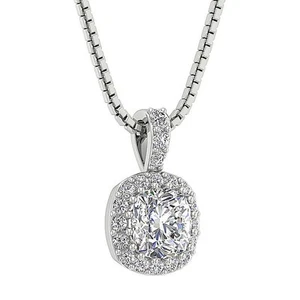 Lab Grown Cushion Round Diamond Halo Cluster Pendant VS F 1.35 Ct 10K White Gold - Picture 1 of 13