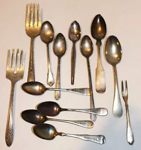 Lot of 14~ANTIQUE~Mixed Lot~FLATWARE~Silverware~Spoons~FORKS~Serving Pieces~OLD! - Picture 1 of 12