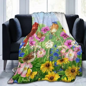 Rural Flowers Birds Throw Blanket Ultra Soft Warm All Season Rustic Sunflower... - Picture 1 of 6