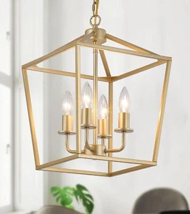 Industrial 4 Lights Chandelier, Gold Lantern Ceiling Light Fixtures with Rustic - Picture 1 of 9