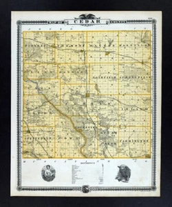 1875 Andreas Iowa Map Cedar County Tipton Rochester Stanwood West Branch IA - Picture 1 of 4