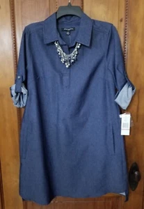 NWT $108 Sharagano Womens Size 10 Classic Shirt Dress 2% Stretch Blue Denim - Picture 1 of 8