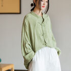 Lady Cotton Linen Blouse Shirt Top Frog Button Ethnic Batwing Sleeve Shirt Loose