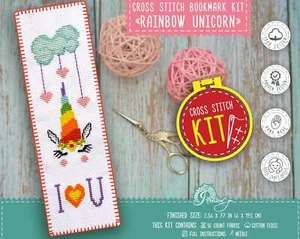 Rainbow Unicorn Cross Stitch Bookmark Kit Hand Embroidery Kit Counted Pattern - Picture 1 of 8