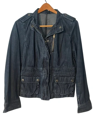 Jaqueta jeans Ann Taylor tamanho 10 comprimento médio elástica cintura traseira peplum azul Dk - Imagem 1 de 4