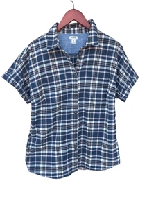 LL Bean Day breeze Shirt Womens M Short Sleeve Button Up Flannel Pocket Plaid - Picture 1 of 7