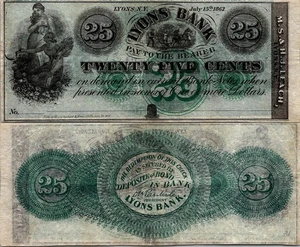 Lyons Bank New York 25 Cents 1862 Fractional Banknote - Picture 1 of 2