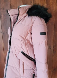 DKNY Women Small Mauve Puffer Coat Black Faux Fur Hood Winter Jacket Cozy Warm - Picture 1 of 16