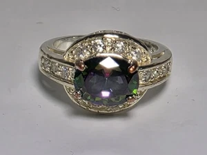 Sterling Silver 925 Mystic Topaz and CZ Cubic Zirconia Encrusted Ring Sz 7 (J2) - Picture 1 of 6