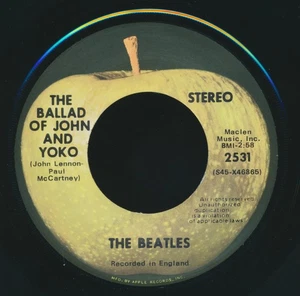 Beatles VINTAGE 1975 US 'BALLAD OF JOHN & YOKO' APPLE LABEL ALL RIGHTS PRINT 45 - Picture 1 of 2