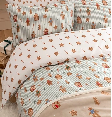 CHRISTMAS FESTIVE GINGERBREAD MEN STRIPE DOUBLE DUVET SET BEDDING Gift
