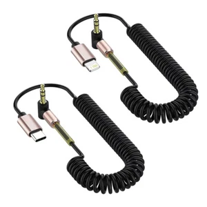 90 Degree USB C/6-Pin iOS To 3.5mm HiFi Audio Headphone Car Stereo Coiled Cable - Picture 1 of 11