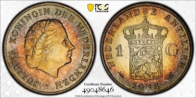 MS64 1964 Netherlands Antilles Silver "2 Fish" 1 Gulden, PCGS- Rainbow Toned - Image 1 of 4