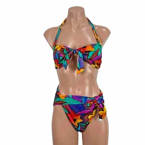 VTG 80s Bill Blass Floral Print Bikini 2 Piece Bandeau Bathing Suit High Waist - Picture 1 of 11