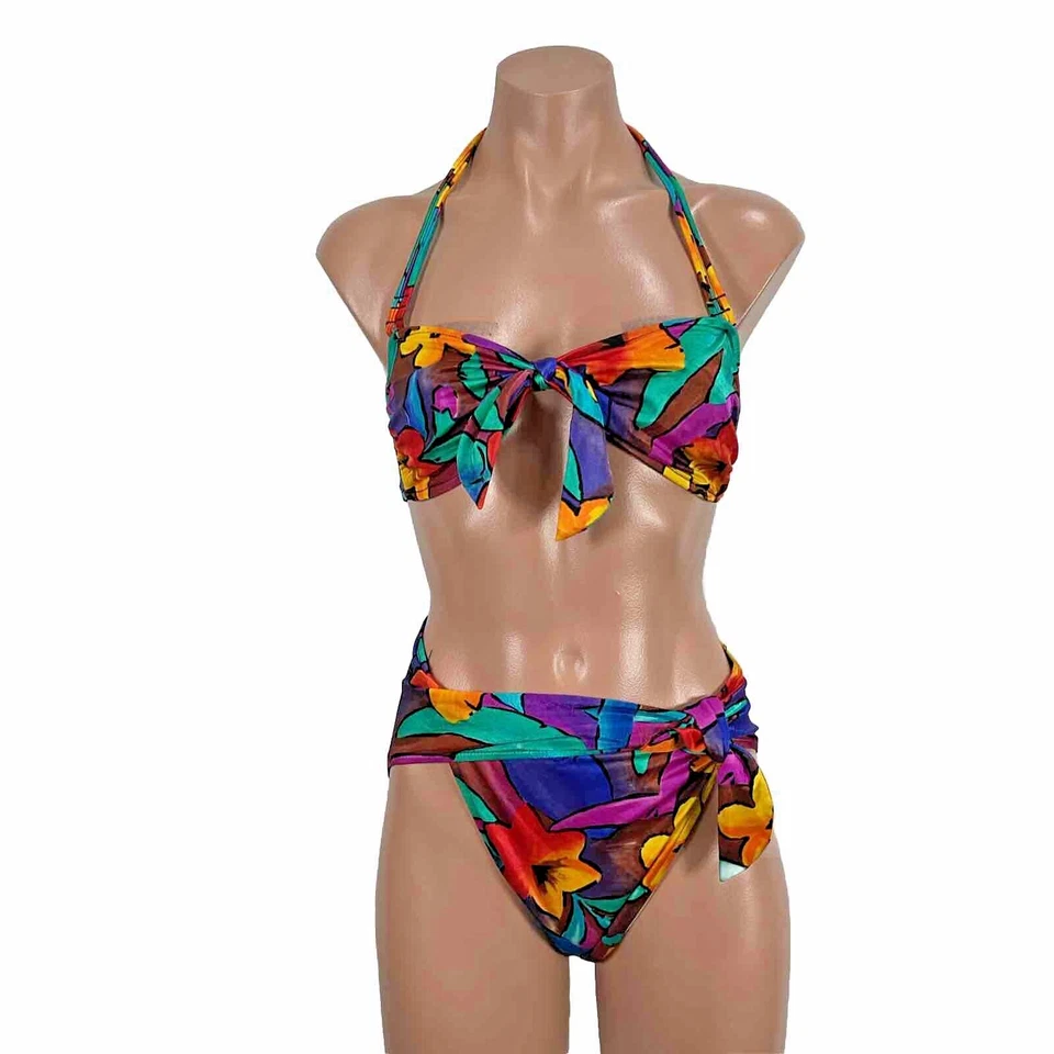 VTG 80s Bill Blass Floral Print Bikini 2 Piece Bandeau Bathing Suit High Waist - Image 1 of 4
