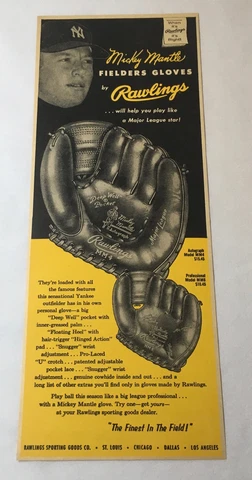 1956 Rawlings baseball glove ad ~ MICKEY MANTLE Cover