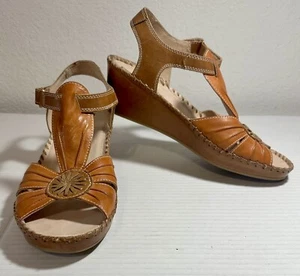 Pikolinos Wedged Sandals Women's Size 40 EU/ 9.5 US Petrol Leather Tan Straps - Picture 1 of 18