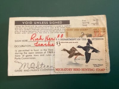 ICOLLECTZONE US RW36 Duck stamp 1969 & Nebraska Hunting stamp on license fresh - Image 1 of 2