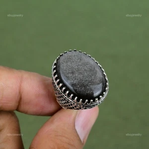 Womens day Deal Silver Sheen Obsidian Stone 925 Sterling Silver Statement Ring - Picture 1 of 6