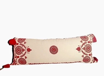 Decorative Embroidered Throw Pillow 12”x32" Red Floral Tassels India Never Used - Image 1 of 4