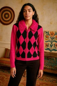 Lisa International Zip Pullover Damen Rosa Schwarz Rauten Chenille Rüschen 90er Y2K - Bild 1 von 7