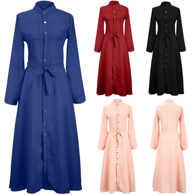 2020 Moda Mujeres Manga Larga Botón Dowm Maxi Vestido Noche Fiesta Camisa Vestido Foto 1 de 4