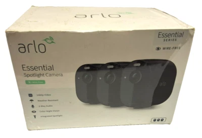 NEW Arlo Essential Spotlight Wire-Free 1080p Security Camera 3 Pack Night Vision - Image 1 of 4