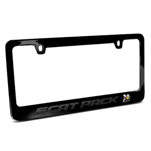 Dodge Scat-Pack in 3D Dark Gray Letters on Black Metal License Plate Frame - Picture 1 of 8