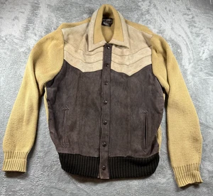 Vtg Campus Knit & Suede Western Jacket Men’s M Tan Brown Snap Front Taiwan - Picture 1 of 7