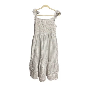 LOFT Midikleid Damen Größe L weiß pfirsich gesmokt Rüschen Träger erhabene Punkte Boho - Bild 1 von 5