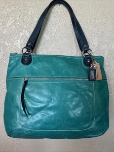 Borsa Coach Poppy Turchese Distresse Pelle Grande Spettatore 18998 Manici Blu - Foto 1 di 6