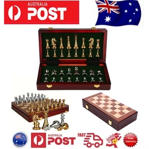 30cm Solid Wood Chess Set with Zinc Alloy Staunton Pieces Folding Board Game - Picture 1 of 12