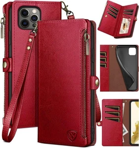 XcaseBar para iPhone 14 Pro 6.1" Funda Cartera con Cremallera Portatarjetas de Crédito, ROJO - Imagen 1 de 7